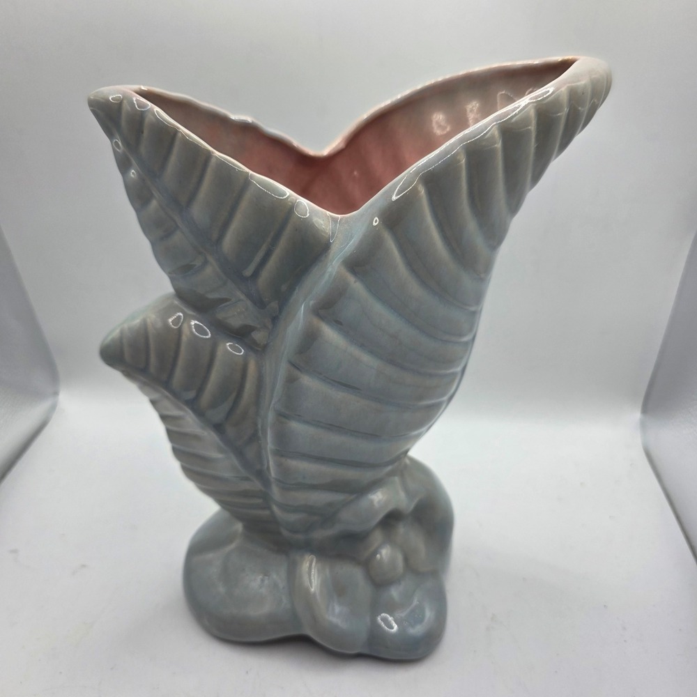 Vintage Gonder Pottery Large Leaf Vase Blue Gray Pink Art Deco MCM USA